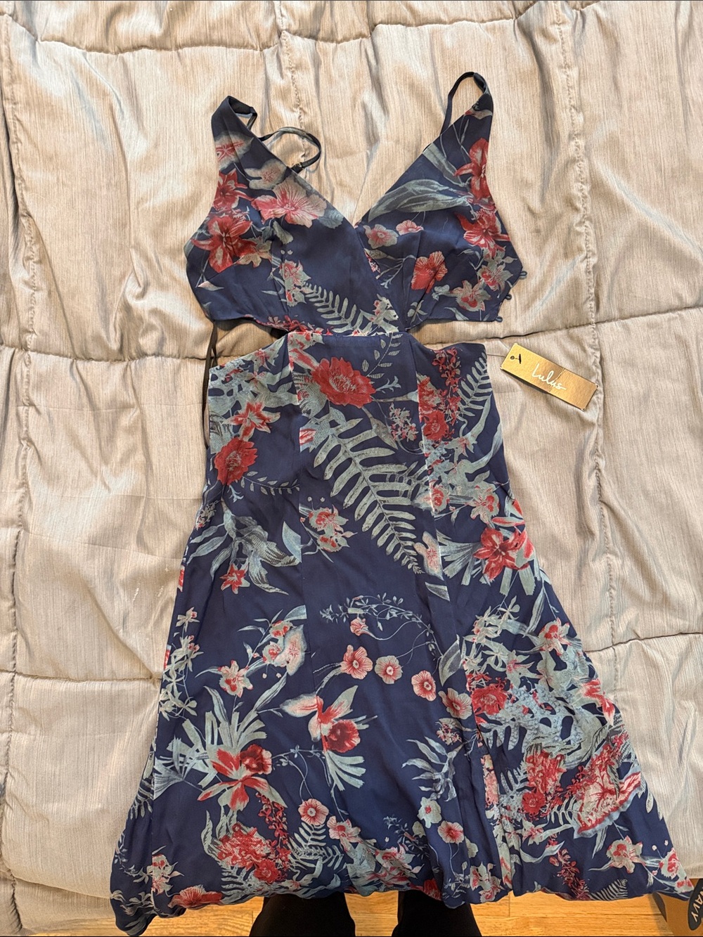 Lulu's Navy Floral Midi Dress with Red and Green flowers
